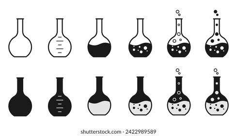 flat bottomed flask or boiling flask vector set. laboratory chemical glassware equipment. flat design illustration isolated on white background.