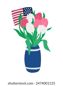 Flat bouquet of white and red tulips with US flag. Vector patriotic illustration in American national colors isolated on white background. Perfect for decoration on Independence, Patriot, Veterans Day