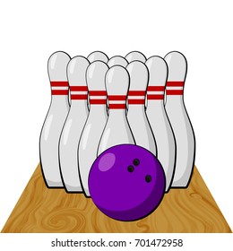 Flat bowling ball and skittles. Vector illustration isolated on white