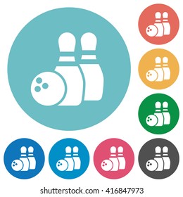 Flat bowling game icon set on round color background.