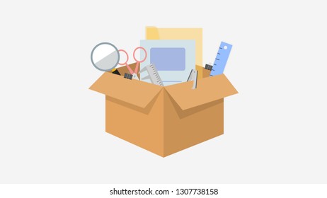 Flat box with office supplies Illustration. Vector realistic icon. Office and school supplies.