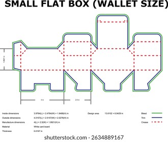 Flat box wallet size template blueprint with dimensions and bleed lines ready to assemble