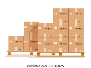 Flat boxes pallet. Cardboard box, cargo wood pallets and parcels. Warehouse stack cartons for delivery. Vector paper containers illustration