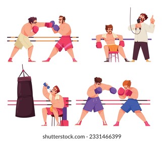Flat boxing icon set boxers fight in the ring and rest between rounds vector illustration