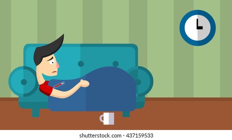 Flat boy in bed with high fever. Vector Flat stock illustration.