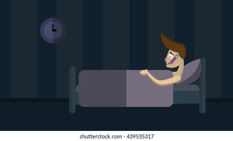Flat boy in bed with high fever. Vector Flat stock illustration.