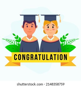 flat boy and girl graduation with a ribbon
