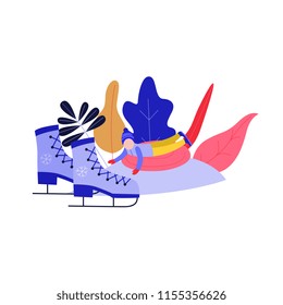 Flat boy kid in hat sledging at inflatable tube, snowtubing outdoors in winter in warm clothing on abstract florals, ice skates background. Male child character leisure activity. Vector illustration.