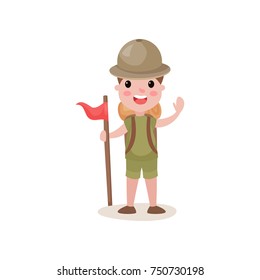 Flat boy scout standing with red flag and waving hand, summer camp activities