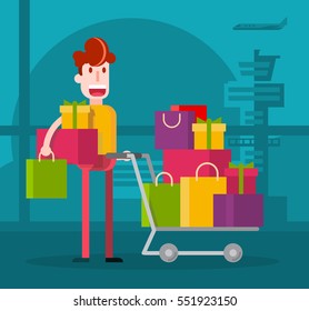 Flat Boy Shopping at Airport. Isolated Flat Vector Illustration.