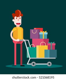 Flat Boy Shopping on Dark Background. Isolated Flat Vector Illustration.
