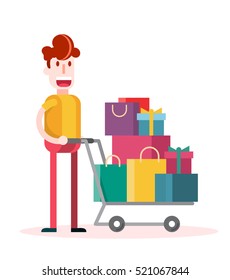 Flat Boy Shopping on White Background. Isolated Flat Vector Illustration.