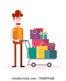 Flat Boy Shopping on White Background. Isolated Flat Vector Illustration