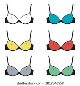 Flat bra set with one transparent vector illustration in cartoon style isolated on white background. Underwear or bra swimsuit icons.