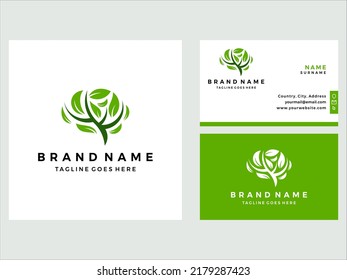 Flat brain leaf vector logo with business card design template