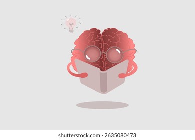 Flat Brain Reading Book with Light Bulb, Education, Creativity, and Idea Concept