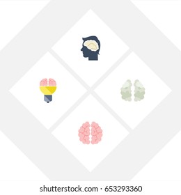 Flat Brain Set Of Idea, Mind, Mentality And Other Vector Objects. Also Includes Bulb, Brain, Brainstorming Elements.
