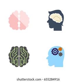 Flat Brain Set Of Brain, Invention, Brainstorming And Other Vector Objects. Also Includes Human, Intellect, Gear Elements.