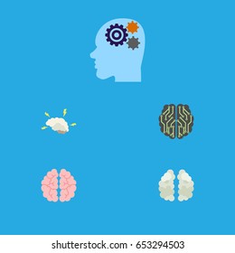 Flat Brain Set Of Invention, Brain, Mentality And Other Vector Objects. Also Includes Brain, Intellect, Gear Elements.