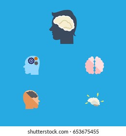 Flat Brain Set Of Thinking, Invention, Brainstorming And Other Vector Objects. Also Includes Gear, Brain, Thinking Elements.