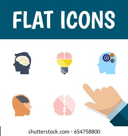 Flat Brain Set Of Thinking, Invention, Brainstorming And Other Vector Objects. Also Includes Brain, Mentality, Gear Elements.