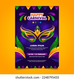 Volante plano de celebración del carnaval brasileño Diseño con colorida máscara de carnaval y elementos decorativos