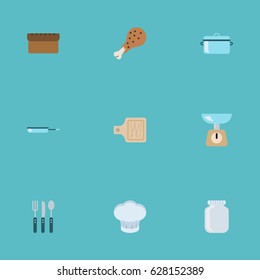 Flat Breadboard, Glass Container, Kitchen Measurement And Other Vector Elements. Set Of Cooking Flat Symbols Also Includes Spoon, Cutting, Loaf Objects.