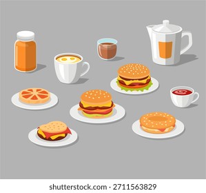 Flat Breakfast and Burger Set Illustration with Coffee and Juice – Vector Food Collection
