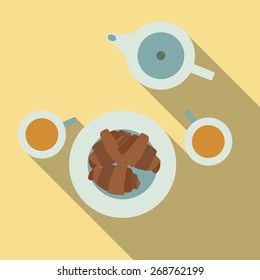 flat breakfast illustration.  tea and croissants 
