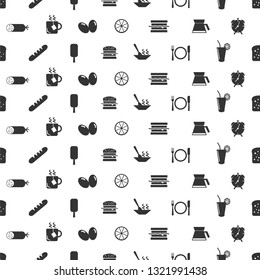 Flat breakfast seamless pattern with ice cream tea cup sandwich eggs lime plate knife fork alarm clock bread sausage icons in monochrome style vector illustration