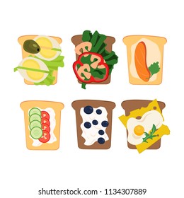 Flat breakfast set of toasted bread slices with different ingredients. Sandwiches with vegetables, berries, eggs and cottage cheese. Healthy snacks