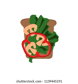 Flat breakfast of toasted bread slice with lettuce, mushrooms and slice of red pepper.  Healthy snacks