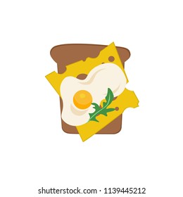 Flat breakfast of toasted bread slice with cheese slice, fried egg and green leaf.  Healthy snacks