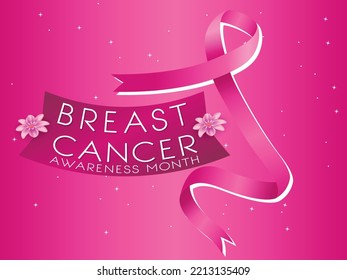 Flat breast cancer awareness with ribbon, Breast cancer awareness with realistic ribbon, Breast cancer t-shirt banner tag logo sign design vector