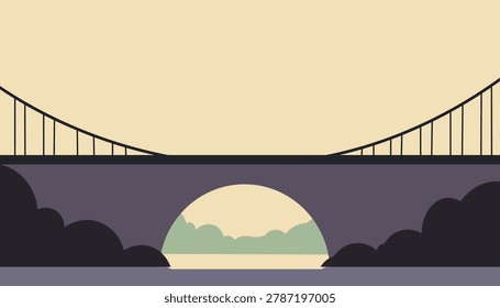 Flat bridge landscape vector with suspension cables, arch opening, water, bushes, and soft sunset colors, ideal for travel posters, city banners, infrastructure graphics, and outdoor designs.