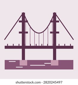 Flat bridge structure icon built around a suspension bridge in slate amber colors, geometric vector architecture artwork for travel guides, city maps and printed posters.