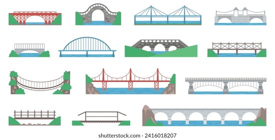 Flat bridges design. Urban bridge, city or village passages with simple nature elements. Transportation architecture, landmarks decent vector set