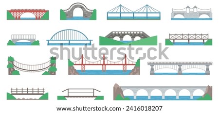 Flat bridges design. Urban bridge, city or village passages with simple nature elements. Transportation architecture, landmarks decent vector set