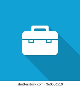 Flat Briefcase icon with long shadow on blue backround
