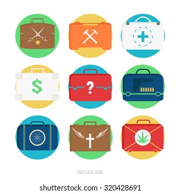 Flat Briefcases And Suitcases Icons On White Background. Vector Specialty Illustration: Doctor, Barber, Murderer, Drug Dealer, Builder, Worker, Preacher, Jobless.