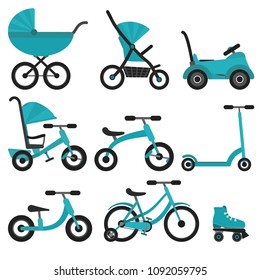 Flat Bright Blue Baby Transport Set For Kids Since Birth Till School. Colorful Turquoise Vector Children Transport As Stroller, Balance Bike For Package Design, Stickers, Educational Apps And Books