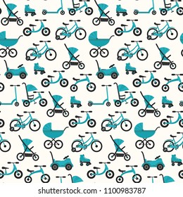 Flat bright blue baby transport seamless pattern. Colorful turquoise vector children transport texture for package design, textile, wrapping paper, background, surface, wallpaper
