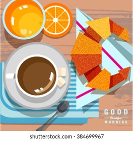 Flat bright breakfast icons set with coffee cup, orange juice and croissant for Good Morning. Isolated vector illustration for cafe and healthy food fitness