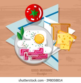 Flat bright breakfast icons set with toast, cheese, scrambled eggs, bacon and tomato for Good Morning. Isolated vector illustration for cafe and healthy food fitness