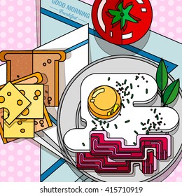 Flat bright breakfast icons set with toast, cheese, scrambled eggs, bacon and tomato for Good Morning. Isolated vector illustration for cafe and healthy food fitness