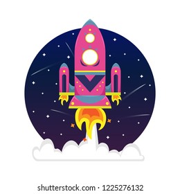 Flat bright cartoon spaceship in a starry sky.