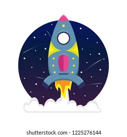 Flat bright cartoon spaceship in a starry sky.