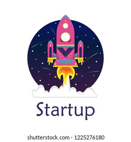Flat bright cartoon spaceship in a starry sky. Startup.