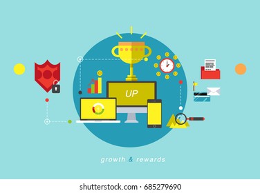 Flat bright clear design, business financial success banner for web site. Business and strategy growth and rewards concept with technique computer, laptop, phone and award cup.