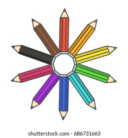 Flat bright colorful pencil symbol, colour pencils organized in color wheel circle. Rainbow drawing equipment